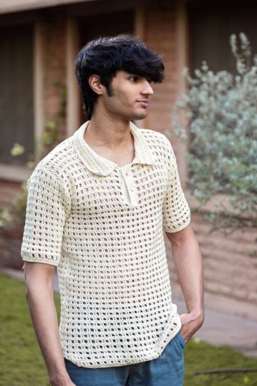 Crochet Cotton Off White Tshirt For Men