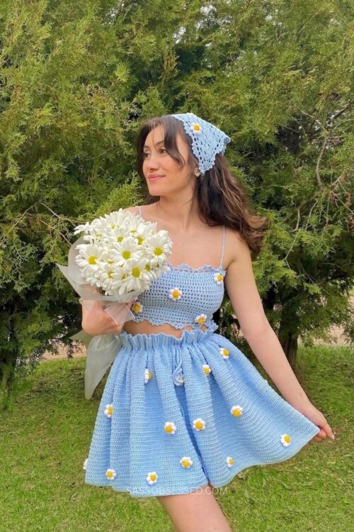 Blue Co-ord Set of Crop Top and Skirt with Bandana