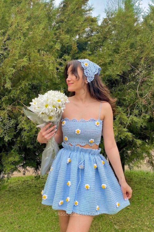 Blue Co-ord Set of Crop Top and Skirt with Bandana1