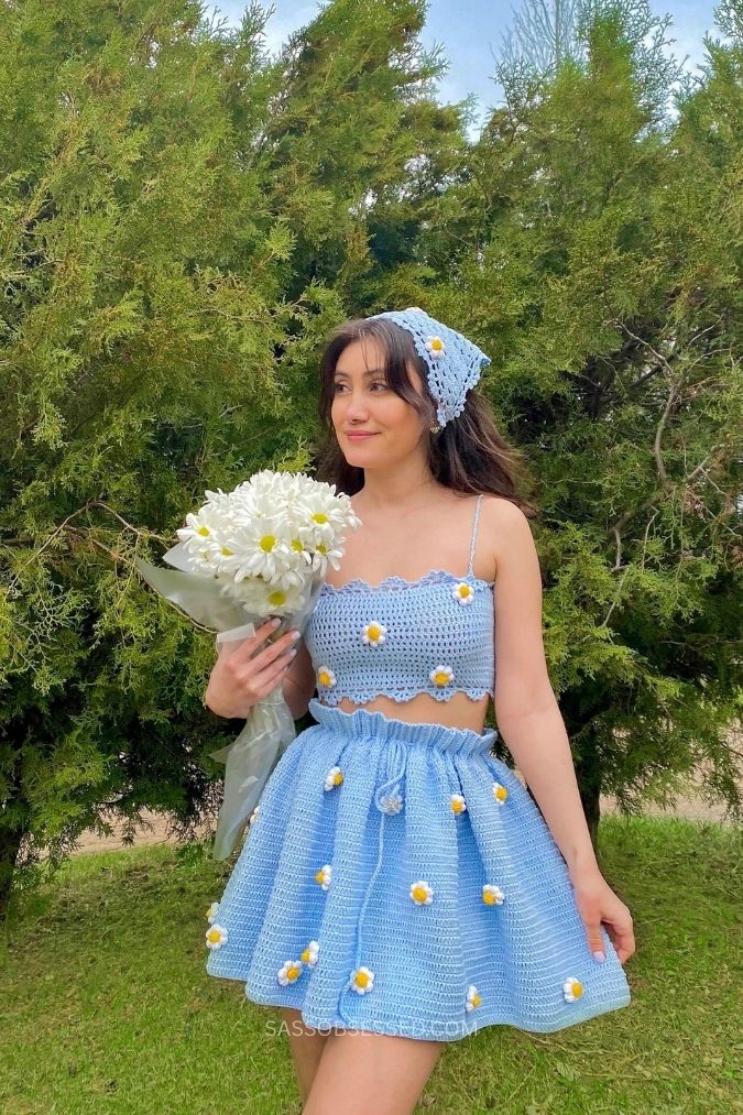 Blue Co-ord Set of Crop Top and Skirt with Bandana2 Blue Co-ord Set of Crop Top and Skirt with Bandana2