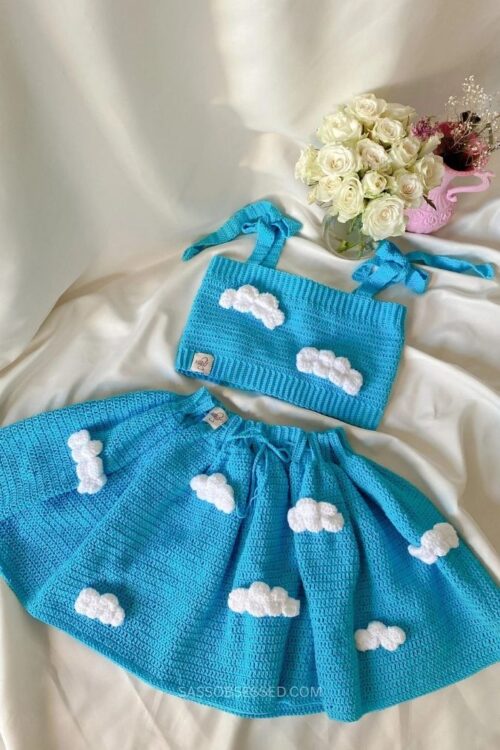 Crochet Blue Cloud Crop Top and Skirt