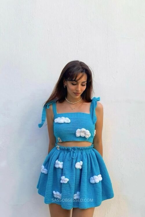 Crochet Blue Cloud Crop Top and Skirt1