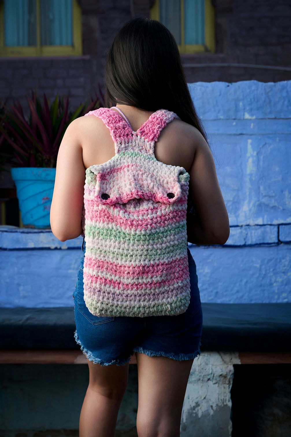 Sass Obsessed Hand Crochet Multi Pink and Green Bagpack - Handmade Super Soft Crochet School, College and Picnic Bag