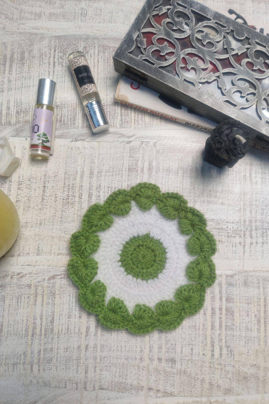 Sass Obsessed White and Green Crochet Coaster