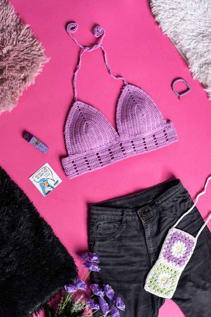 Buy Crochet Purple Blocks Bralette In the Best Price - Hand Knitted Crochet Top & Bralette