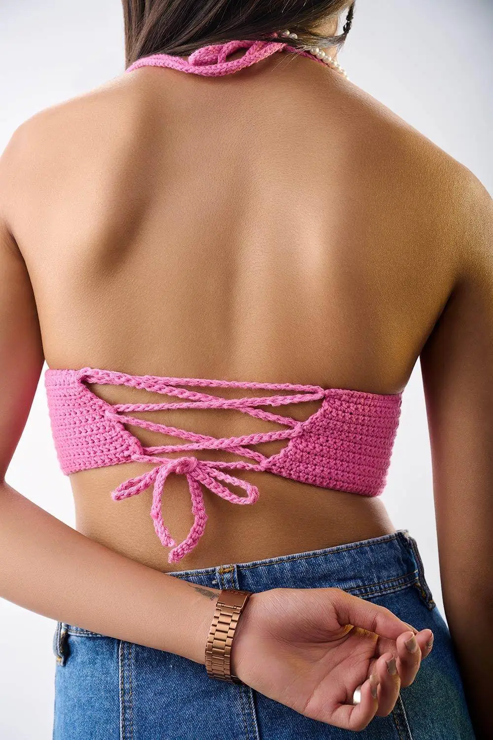 Buy Crochet V Neck Pink Top In the Best Price - Hand Knitted Crochet Top & Bralette 3