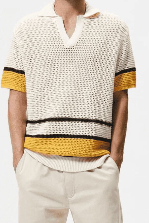 Yellow Strip Cotton Crochet Men Shirt
