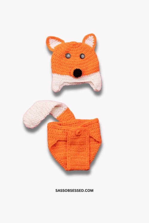 Hand Knitted Baby Diaper and Cap Set Fox Photo Prop for Baby in Orange and White