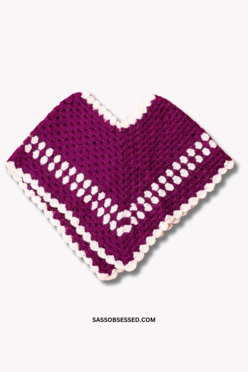 Hand Knitted Baby Poncho in Purple and White