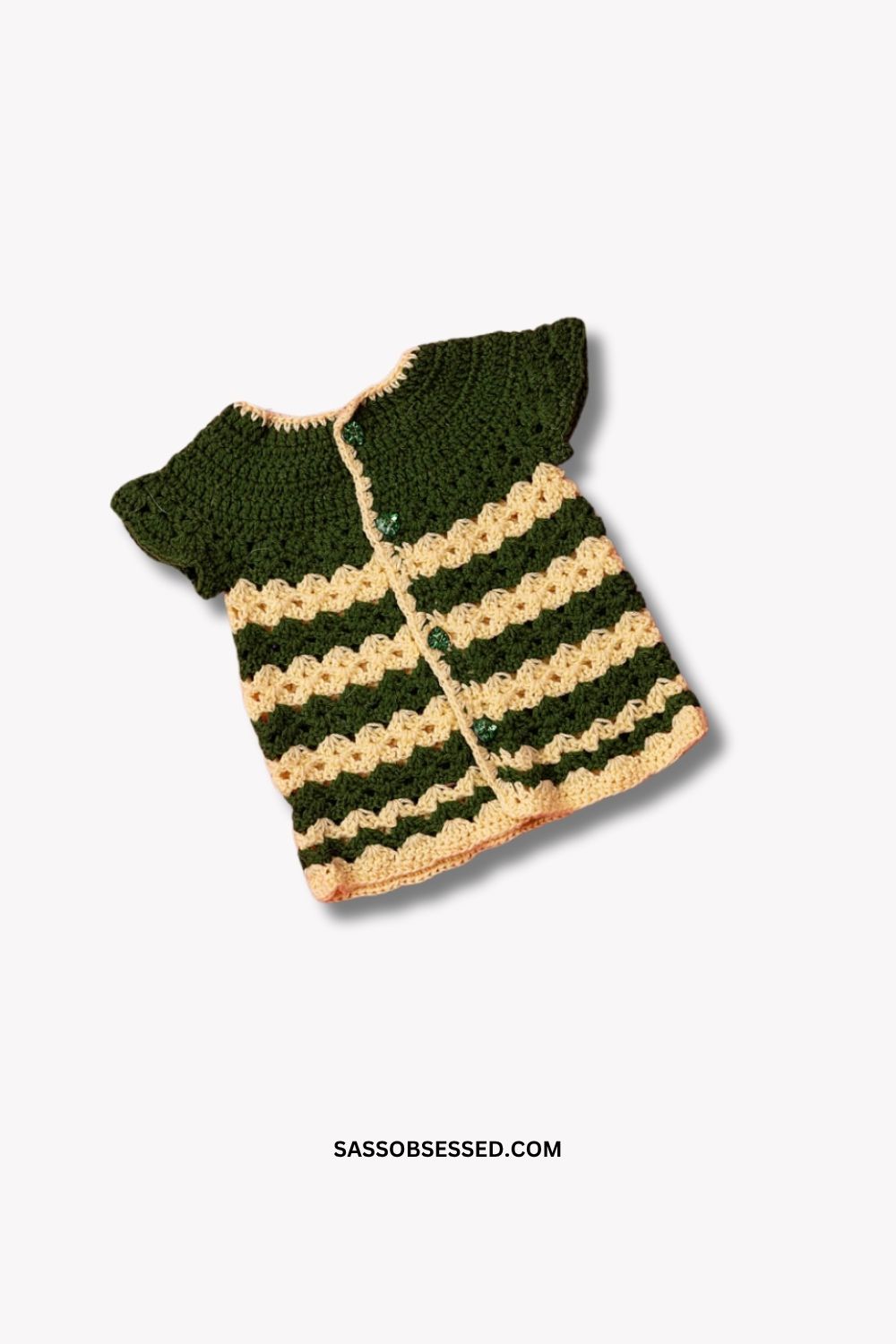 Hand Knitted Baby Sleeveless Sweater in Green and Cream Hand Knitted Baby Sleeveless Sweater in Green and Cream