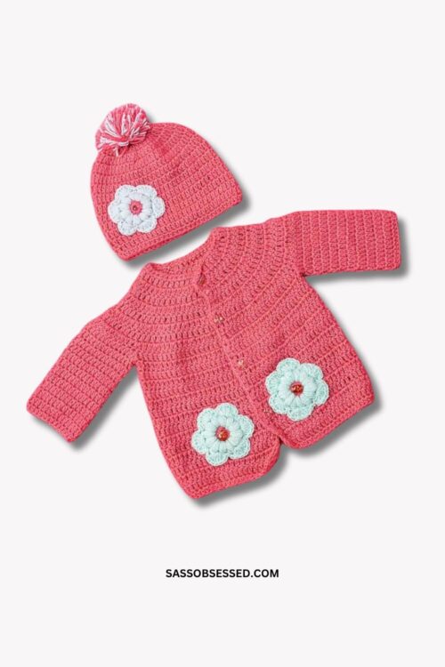 Hand Knitted Baby Sweater and Cap in Pink