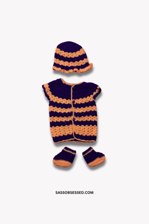 Hand Knitted Baby Sweater with Cap and Socks Blue and Orange