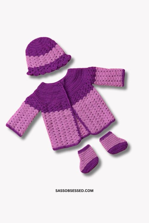 Hand Knitted Baby Sweater with Cap and Socks in Purple and Lilac