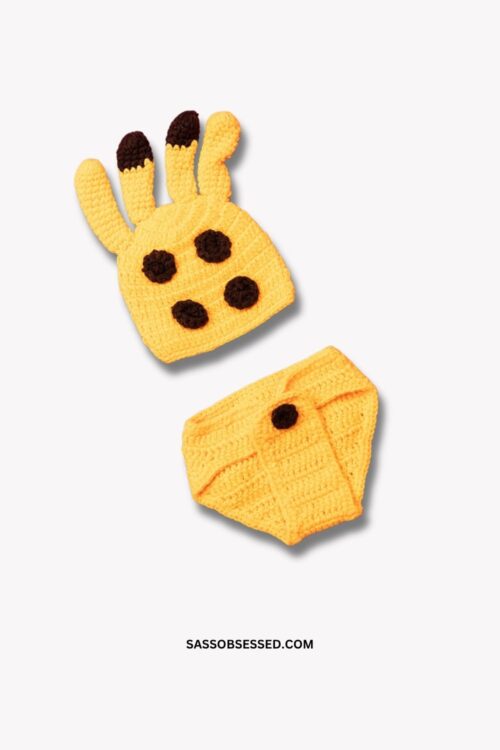 Hand Knitted Baby Diaper and Cap Set, Giraffe Photo Prop for Baby in Yellow and Brown